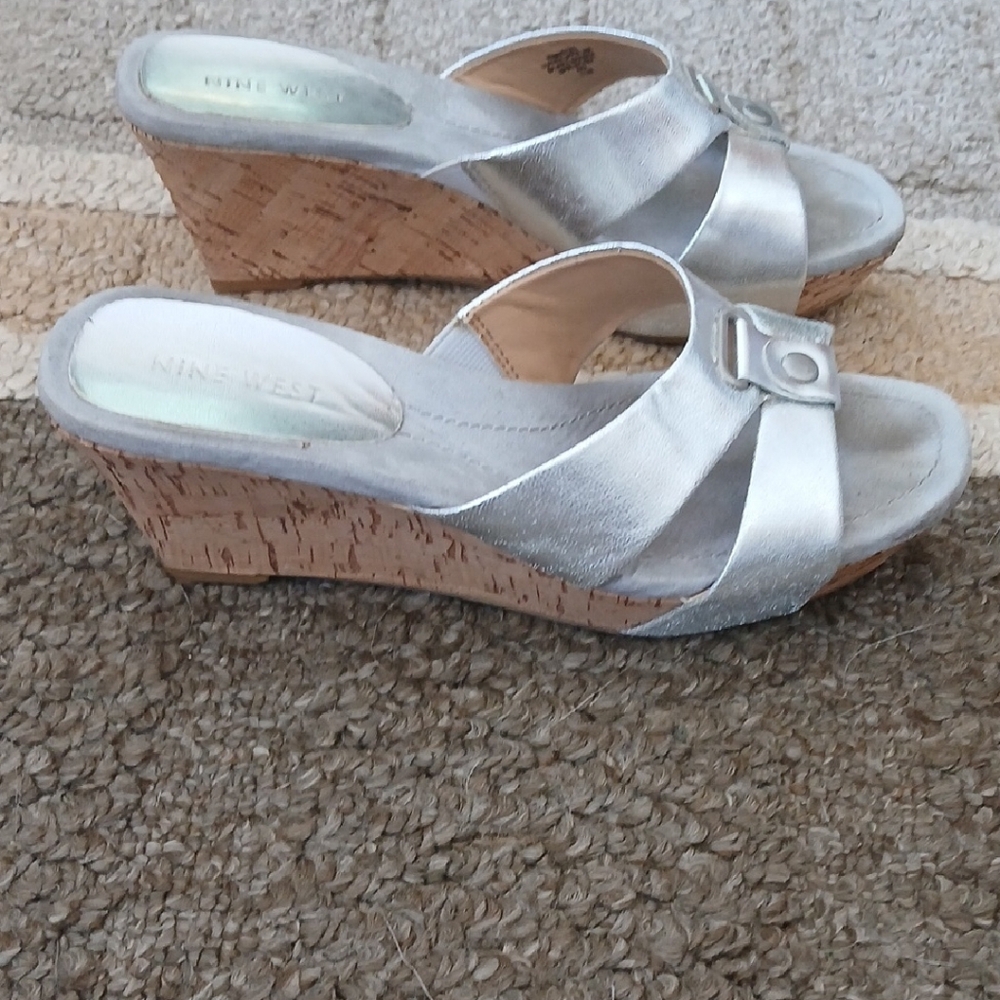 Nine West Silver Cork Wedge Sandals